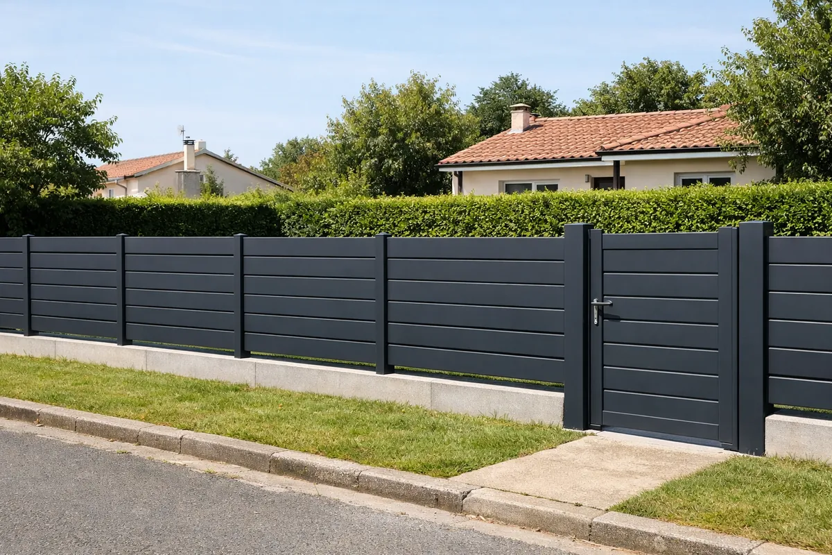 Panneaux de clôture aluminium gris anthracite et portillon assorti le long d'un jardin