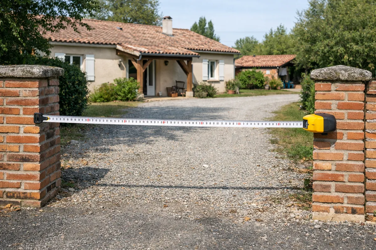 Relevé de cotes entre deux piliers en brique, données reportées sur le plan de masse