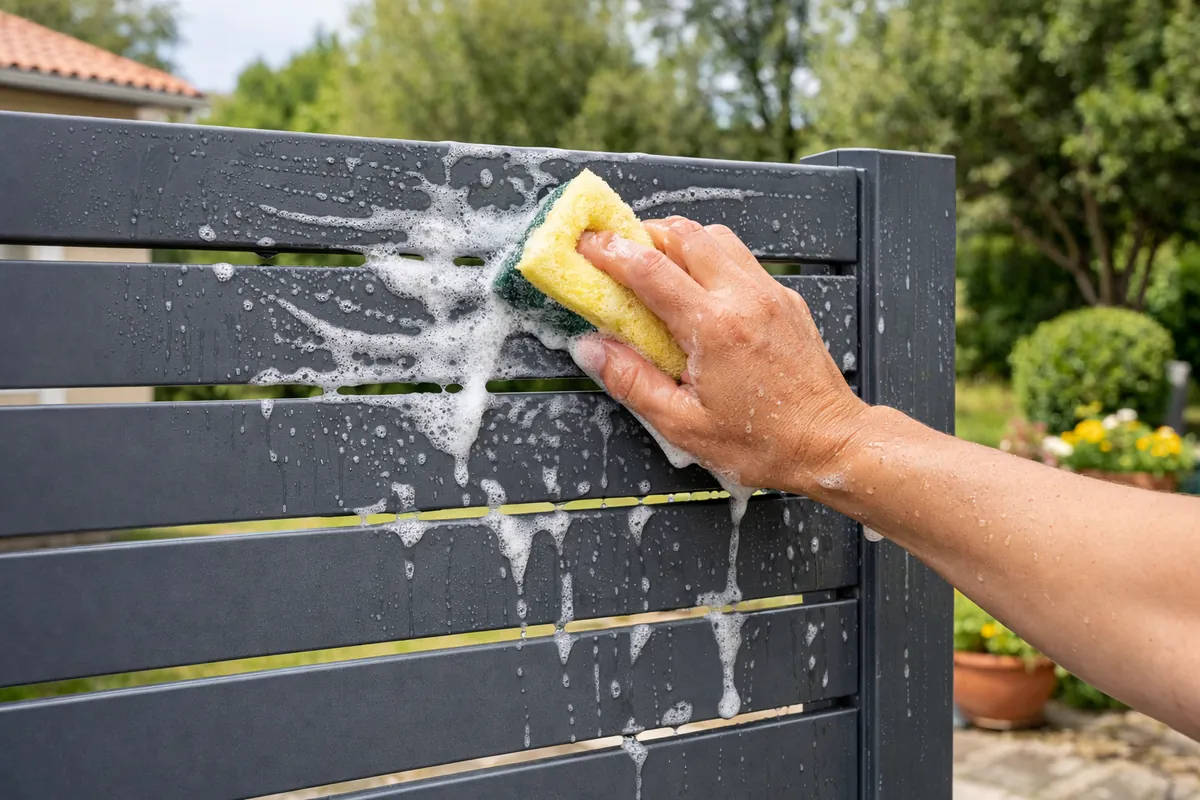 Nettoyage des lames d'un portail aluminium gris à l'éponge et à l'eau savonneuse