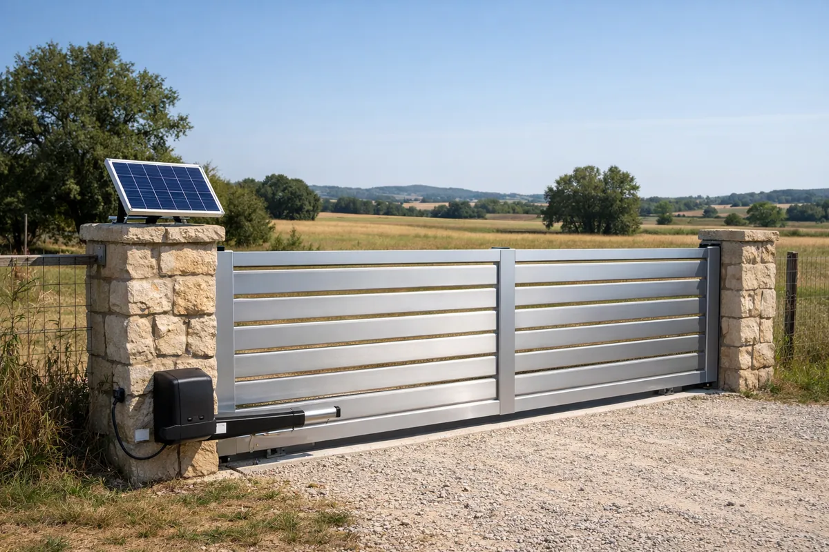 Panneau solaire fixé sur un pilier pour alimenter la motorisation d'un portail rural
