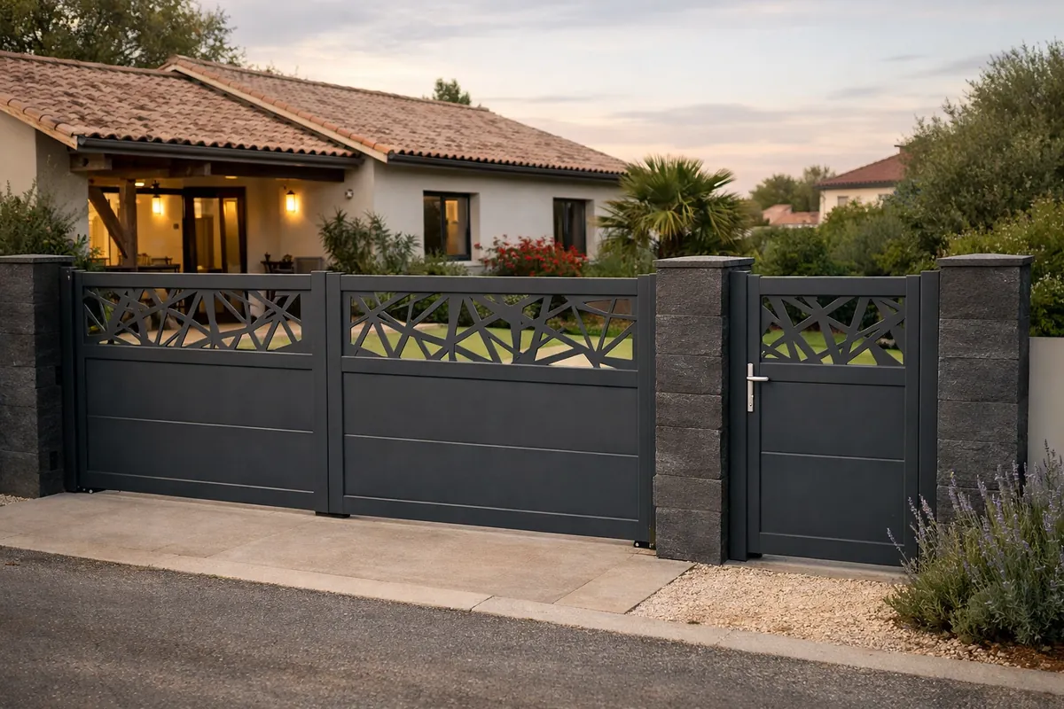 Portail aluminium avec motif découpé au laser et portillon assorti