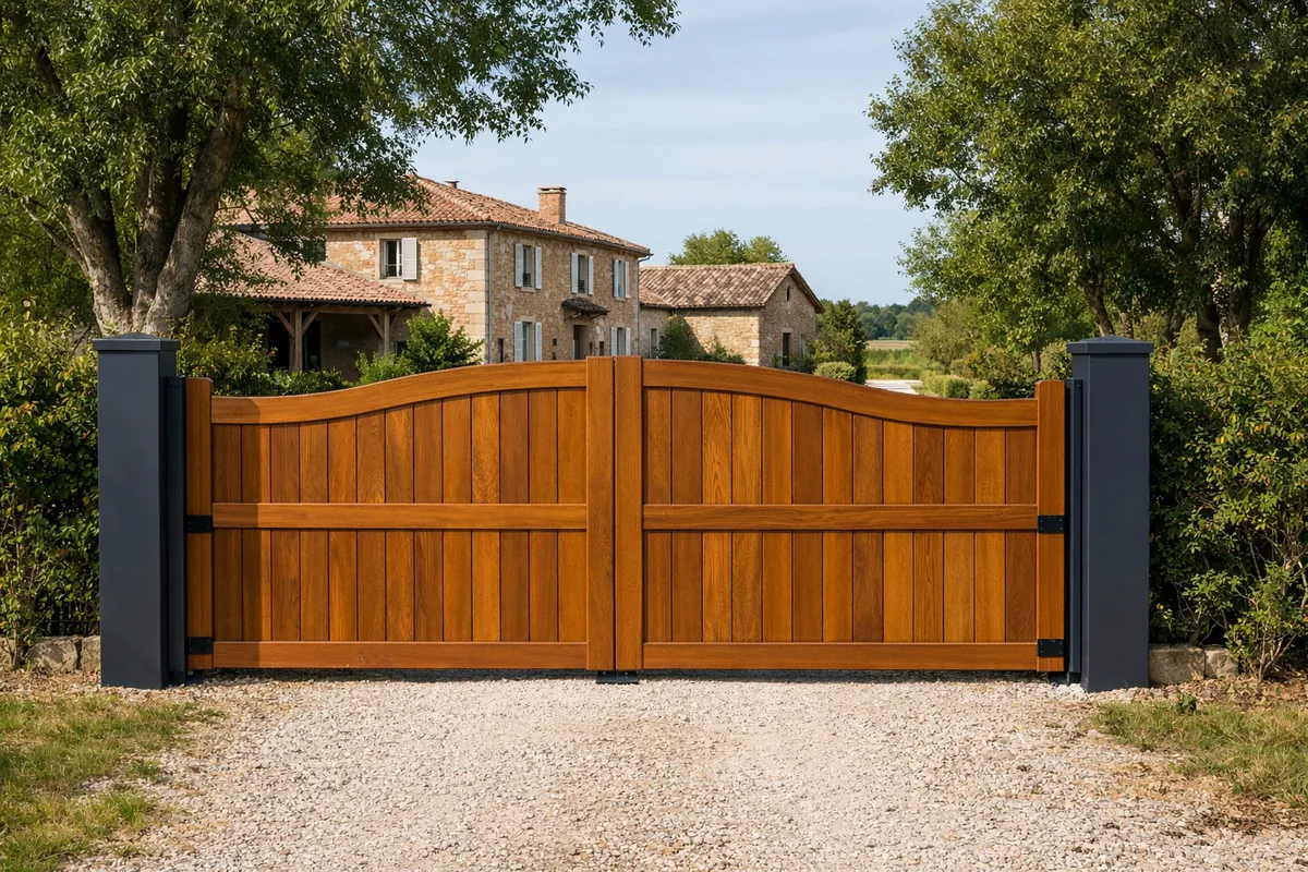 Portail bois iroko deux vantaux avec poteaux aluminium à l'entrée d'une ferme rénovée