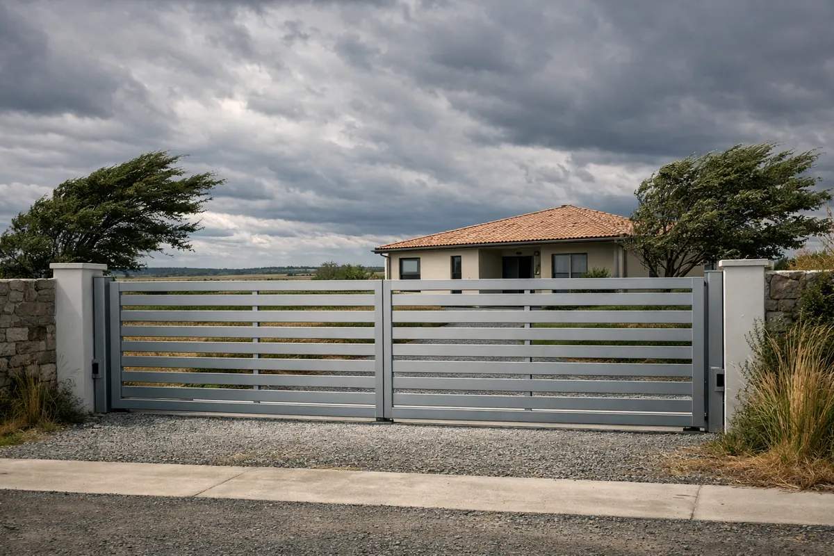 Portail aluminium ajouré sur une plaine exposée au vent d'autan, arbres couchés par les rafales