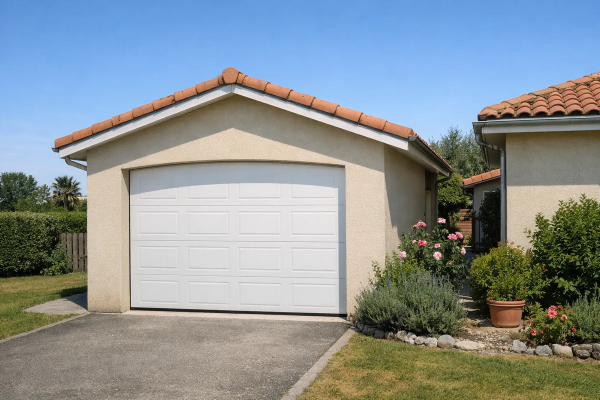 Ancienne porte de garage basculante en tôle avant remplacement par une sectionnelle