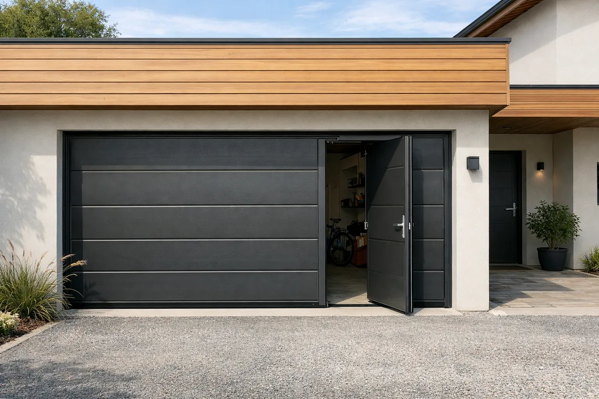 Porte de garage coulissante latérale entrouverte pour le passage piéton
